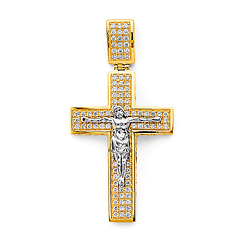 CZ Pave Squared Crucifix Pendant in 14K Two-Tone Gold Solid - Medium