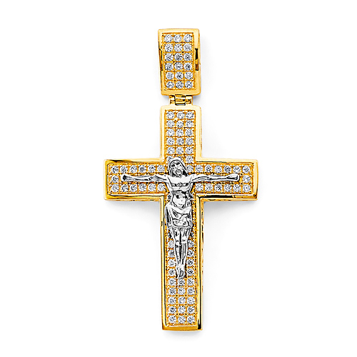 CZ Pave Squared Crucifix Pendant in 14K Two-Tone Gold Solid - Medium Slide 0