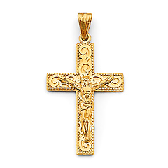 Elegant Scroll Crucifix Pendant in 14K Yellow Gold Solid - Medium