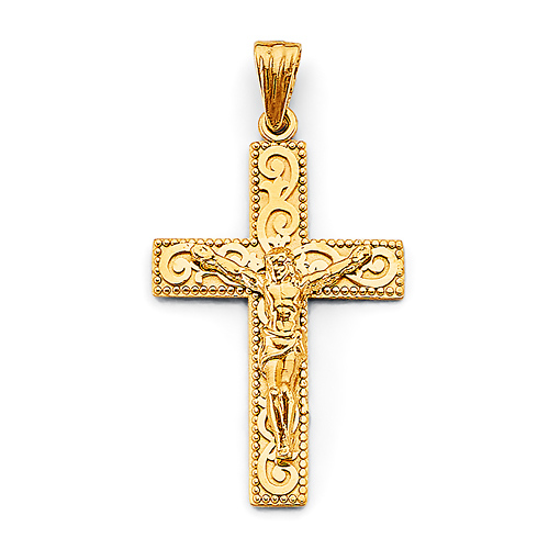 Elegant Scroll Crucifix Pendant in 14K Yellow Gold Solid - Medium Slide 0