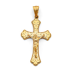 Heart Scroll Budded Crucifix Pendant in 14K Yellow Gold Solid - Medium