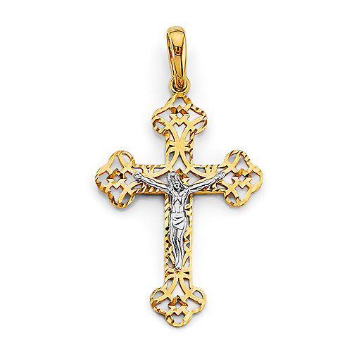 Fanciful Diamond-Cut Open Scroll Crucifix Pendant in 14K Two-Tone Gold Solid - Medium Slide 0