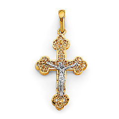 Open-Cut Scroll Budded Crucifix Pendant in 14K Two-Tone Gold Solid