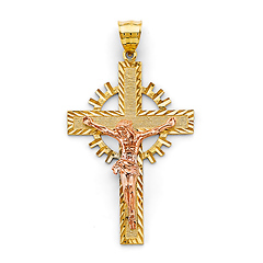 Concave Diamond-Cut Celtic Crucifix Pendant in 14K Two-Tone Gold Solid - Medium