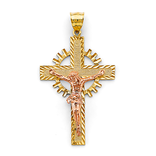 Concave Diamond-Cut Celtic Crucifix Pendant in 14K Two-Tone Gold Solid - Medium Slide 0