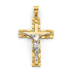 Double Cross Nugget Crucifix Pendant in 14K Two-Tone Gold Solid - Medium