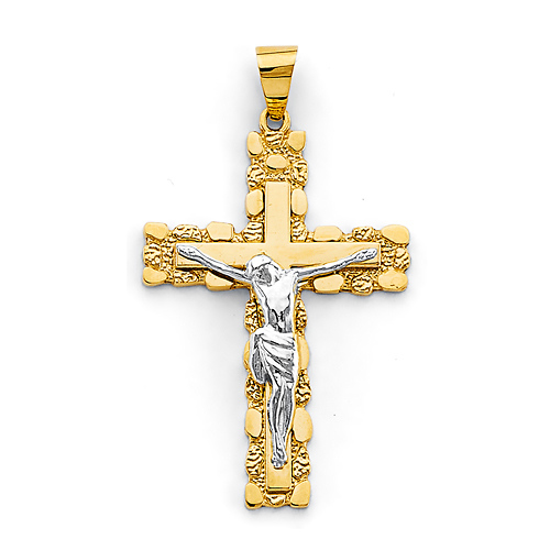 Double Cross Nugget Crucifix Pendant in 14K Two-Tone Gold Solid - Medium Slide 0