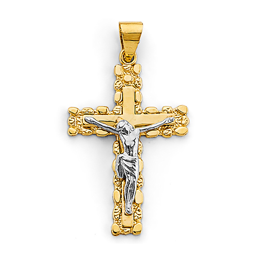 Double Cross Nugget Crucifix Pendant in 14K Two-Tone Gold Solid - Small Slide 0