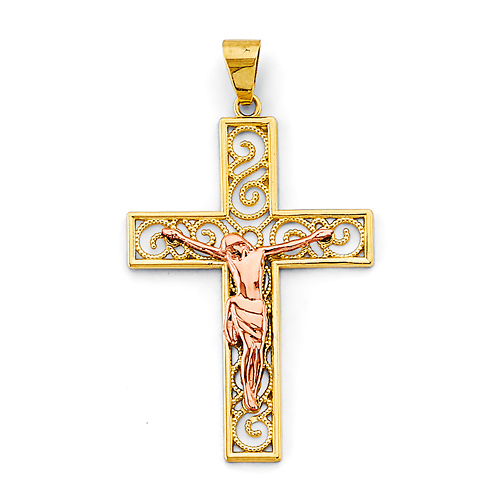 Open Scroll Latin Crucifix Pendant in 14K Two-Tone Gold Solid - Medium Slide 0