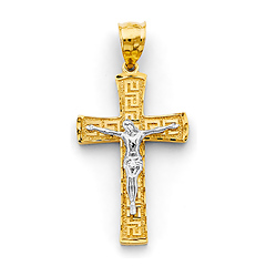 Greek Key Byzantine Crucifix Pendant in 14K Two-Tone Gold Solid - Medium
