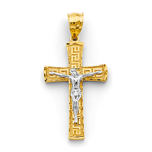Greek Key Byzantine Crucifix Pendant in 14K Two-Tone Gold Solid - Medium Slide 0