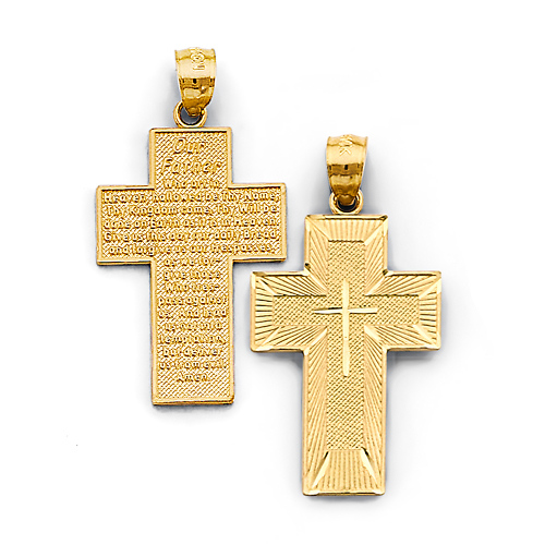 Double Sided Lord's Prayer Diamond-Cut Cross Pendant in 14K Yellow Gold Solid Slide 0
