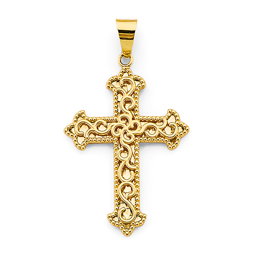 Artisanal Scroll Budded Cross Pendant in 14K Yellow Gold Solid Slide 0