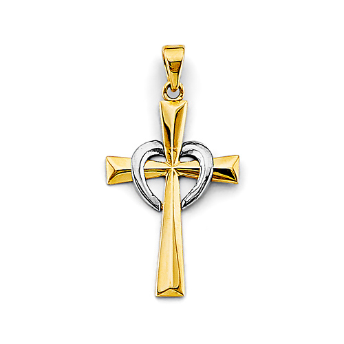 Heart Knife-Edge Cross Pendant in 14K Two-Tone Gold Solid Slide 0