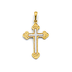 Elegant White Center Budded Cross Pendant in 14K Two-Tone Gold Solid