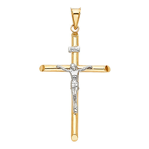 Large Rod Crucifix Pendant in 14K Two-Tone Gold - Classic 42mm Slide 1