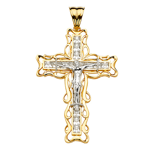 Open Ivy CZ XXL Crucifix Pendant in 14K Two-Tone Gold 85mmH Slide 0