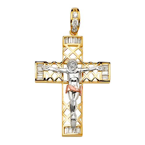Extra Large Open Weave CZ Extra Large Crucifix Pendant in 14K TriGold Slide 1