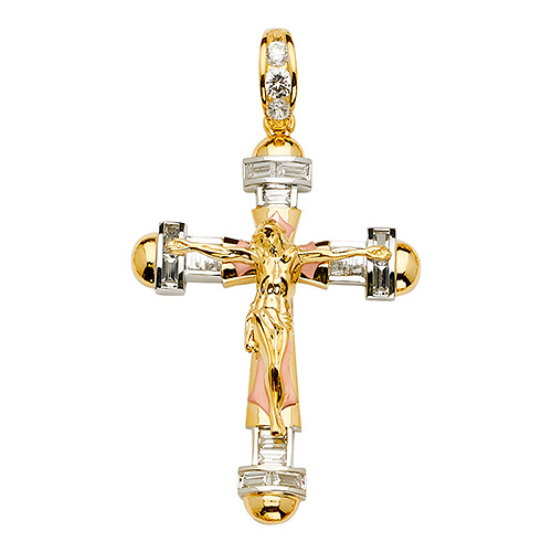 Extra Large Fancy Baguette CZ Crucifix Pendant in 14K TriGold Slide 1