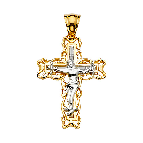Large Open Ivy CZ Crucifix Pendant in 14K Two-Tone Gold Slide 1