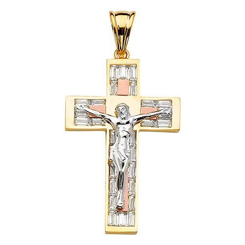 Extra Large Wide Double-Cross CZ Crucifix Pendant in 14K TriGold Slide 1