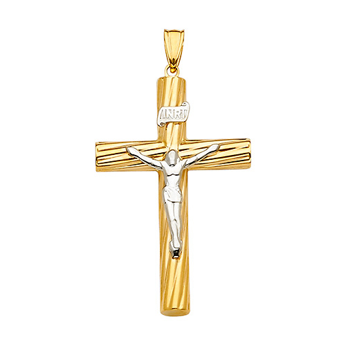 14K Two-Tone Gold Wood-Design Rod Crucifix Pendant - Small Slide 1