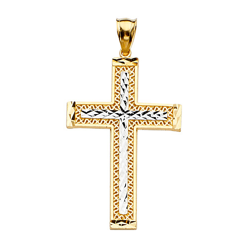 14K Two-Tone Gold Scroll Diamond-Cut Cross Pendant - Large Slide 1