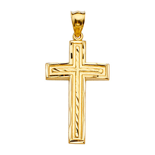 14K Yellow Gold Concave Diamond-Cut Cross Pendant - Large Slide 1