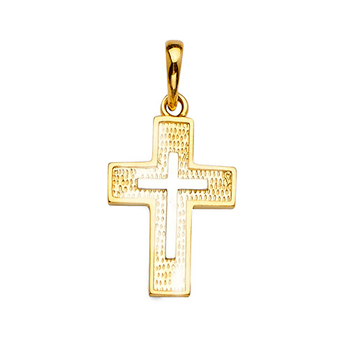 Grained 14K Two-Tone Gold Cross Religious Pendant Slide 1