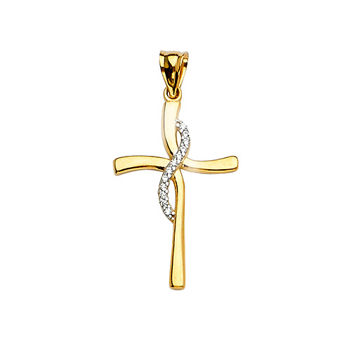 Contemporary 14K Two-Tone Gold Cross Religious Pendant Slide 1