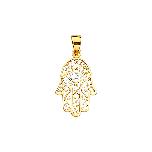 14K TwoTone Gold Scroll Evil Eye Hamsa Pendant Slide 1