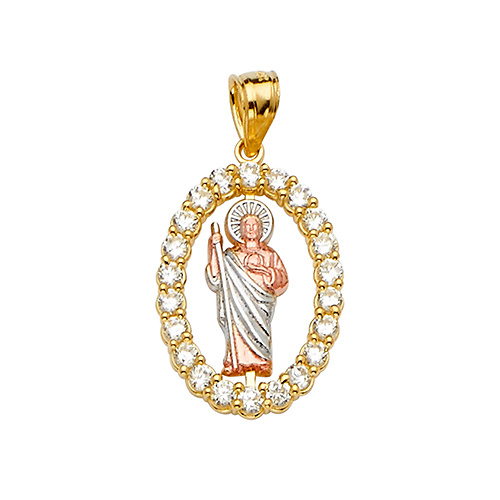 14K TriGold CZ Oval San Judas Tadeo Pendant - Medium Slide 1