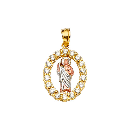 14K TriGold CZ Oval San Judas Tadeo Pendant - Small Slide 1