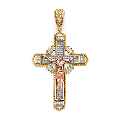 Ornate CZ Celtic Crucifix Pendant in 14K Tricolor Gold Solid - Medium