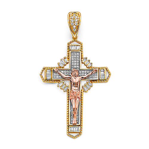 Ornate CZ Celtic Crucifix Pendant in 14K Tricolor Gold Solid - Medium Slide 0