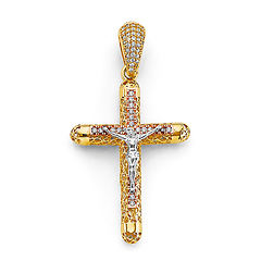 CZ Open Tube Scroll Crucifix Pendant in 14K Two-Tone Gold Solid