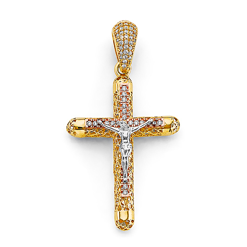 CZ Open Tube Scroll Crucifix Pendant in 14K Two-Tone Gold Solid Slide 0