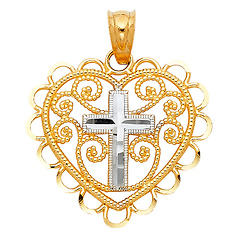 Filigree Heart Mini Cross Pendant in 14K Two Tone Gold