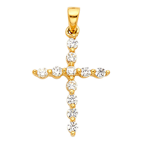 Petite CZ Round Pettern Cross Pendant in 14K Yellow Gold Slide 1