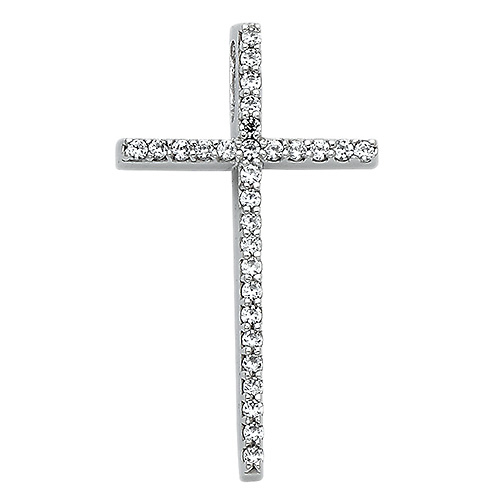 Small Round-Cut CZ Cross Pendant in 14K White Gold Slide 1