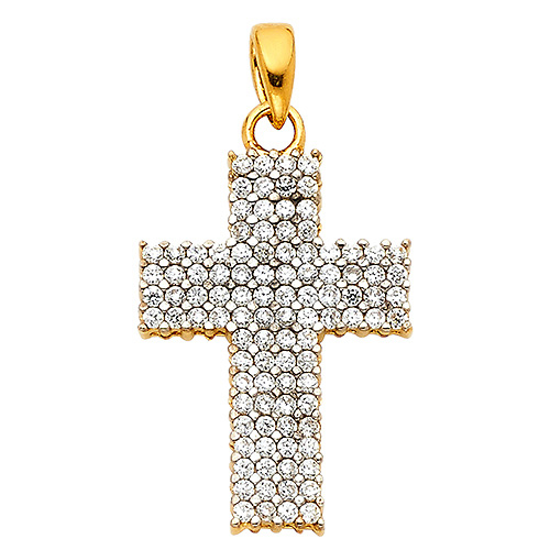 Small Wide Round Pave CZ Cross Pendant in 14K Two Tone Gold Slide 1