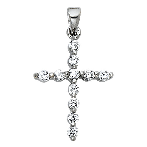 Petite CZ Round Pettern Cross Pendant in 14K White Gold Slide 0