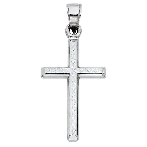 Small Beveled Cross Pendant with Diamond Cuts in 14K White Gold Slide 0
