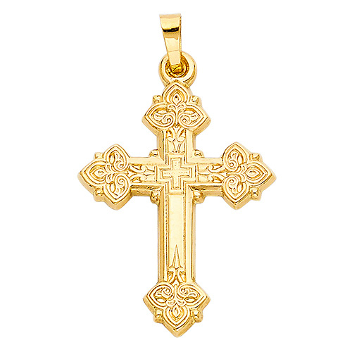 Floral Budded Cross Pendant in 14K Yellow Gold - Small Slide 1