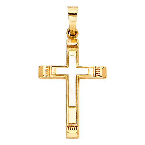 Small Two-Tone Cross Pendant with Carved Edge in 14K Yellow Gold Slide 0