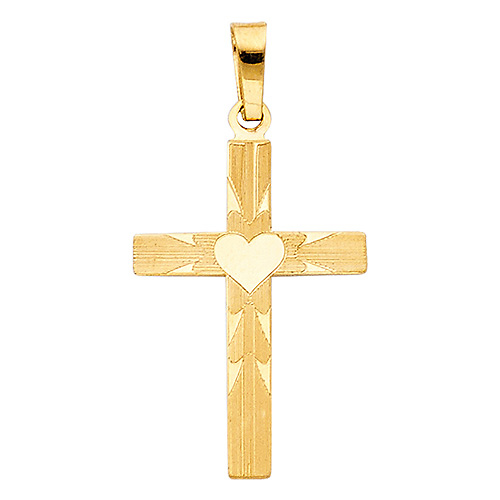 Small Brushed & Polished Heart Cross Pendant in 14K Yellow Gold Slide 1