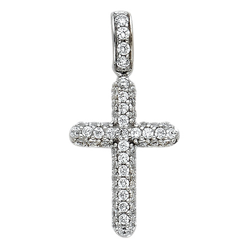Small Pave Cubic Zirconia Round Cross Pendant in 14K White Gold Slide 0