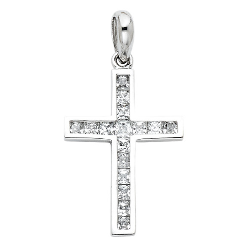 Petite Princess & Round-Cut Channel-Set CZ Cross Pendant in 14K White Gold Slide 0