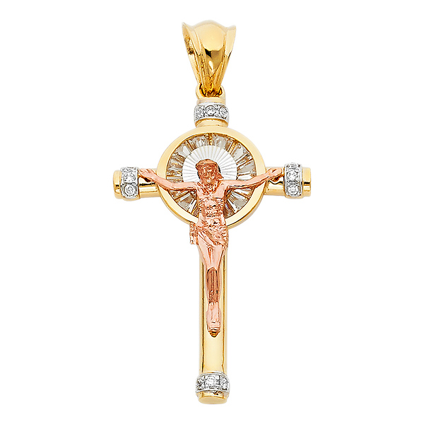 Baguette CZ Nimbus Crucifix Pendant in 14K TriGold - Large Slide 0