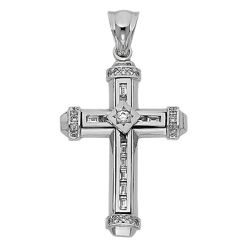 Medium Round & Baguette CZ Medium Cross Pendant in 14K White Gold Slide 1